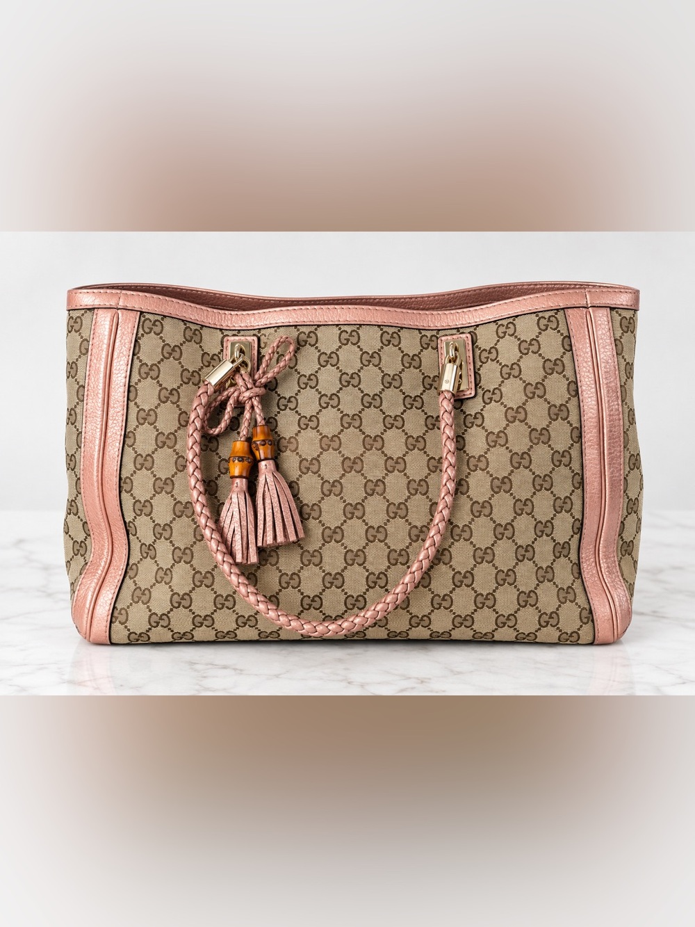 Gucci Beige GG Supreme Tote with Pink Trim and Tassels